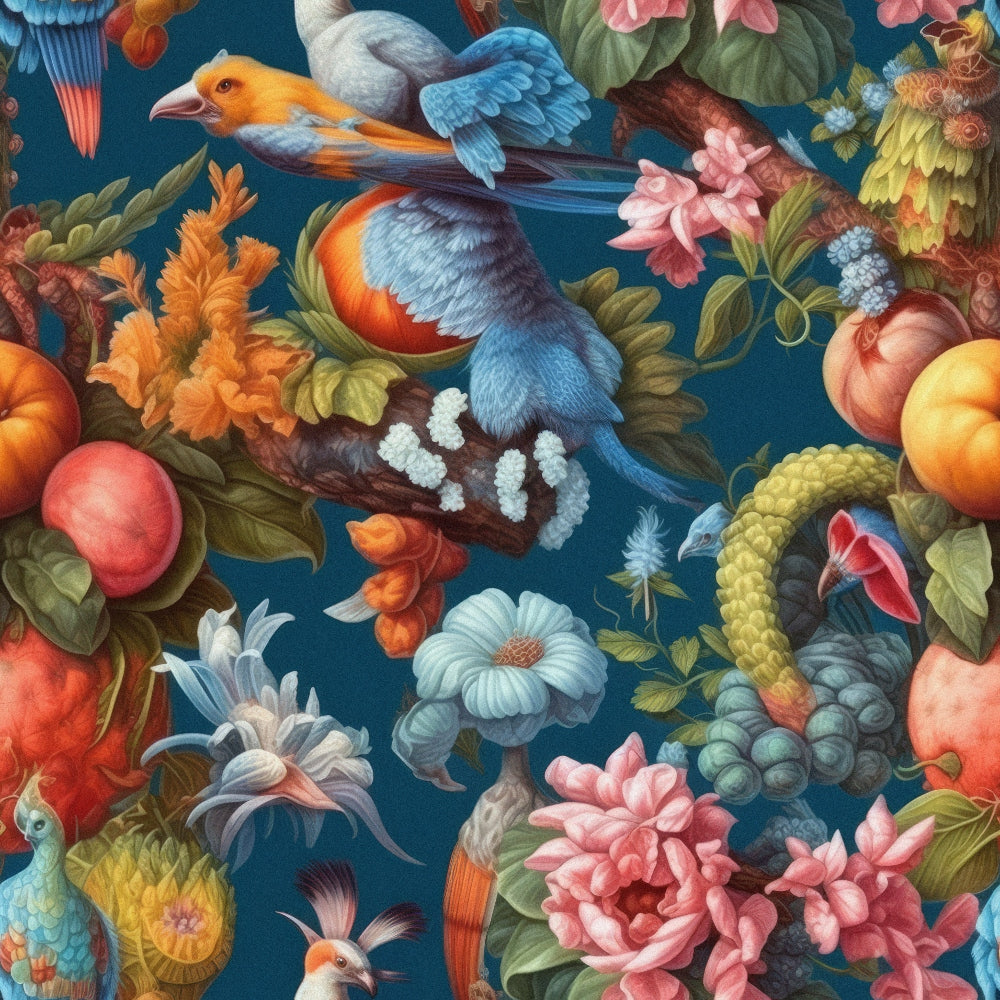 teal blue, exotic birds, tropical flowers, vintage botanical,, fabric panel, peaches, grapes, floral motifs, kingfisher, colorful plumage, nature pattern, ornate illustration, rich colors, pink blooms, orange accents, detailed artwork, whimsical design, fruit elements, lush foliage