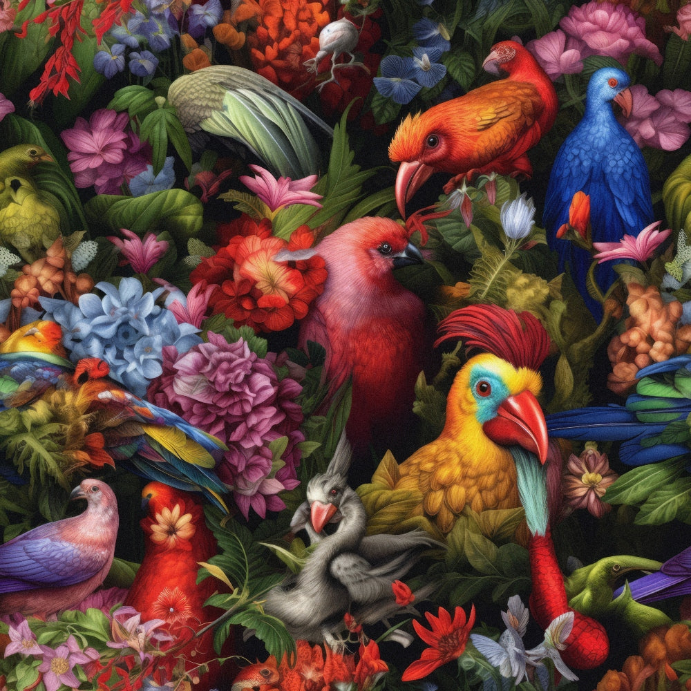 tropical birds, exotic parrots, vibrant florals, lush foliage, red cardinal, blue feathers, orange plumage, pink flowers, purple blooms, jungle pattern, nature motif,, fabric panel, botanical design, colorful wildlife, dense composition, realistic illustration, bright colors, green leaves, floral abundance