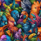 tropical birds, exotic parrots, vibrant plumage, turquoise blue, emerald green, sunset orange, deep purple, bright yellow, coral pink, feather details, ornate crests, jungle theme, fantasy birds, colorful beaks, intricate patterns,, fabric panel, tropical paradise, bird cluster, saturated colors