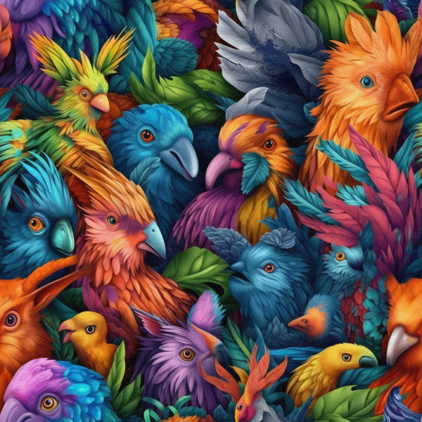tropical birds, exotic parrots, vibrant plumage, turquoise blue, emerald green, sunset orange, deep purple, bright yellow, coral pink, feather details, ornate crests, jungle theme, fantasy birds, colorful beaks, intricate patterns,, fabric panel, tropical paradise, bird cluster, saturated colors