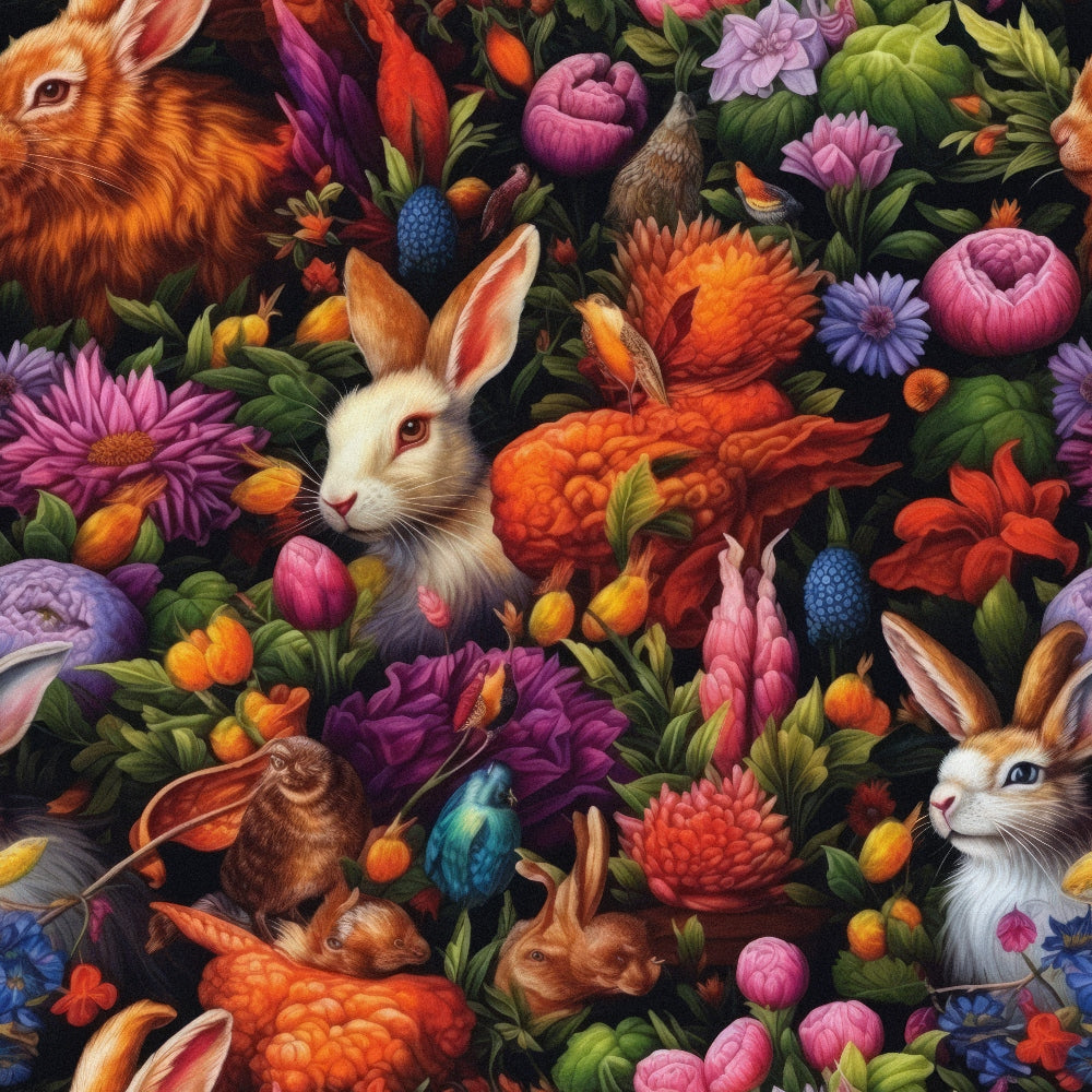 rabbits, bunnies, birds, floral motifs, vibrant colors, orange flowers, purple blooms, pink roses, blue accents, green foliage, botanical elements, nature pattern, whimsical design, detailed illustration,, fabric panel, rich textures, fantasy garden, colorful wildlife, ornate florals