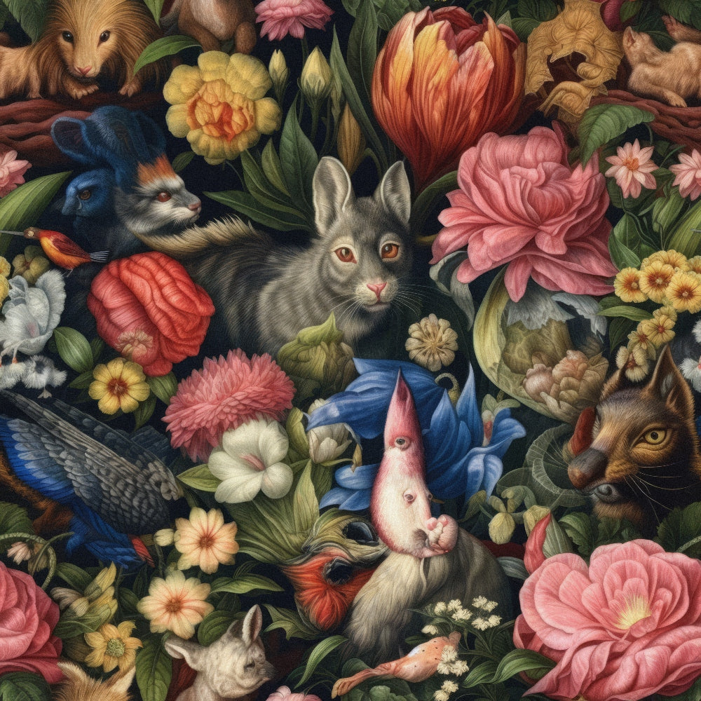 rabbits, flowers, floral pattern, pink roses, yellow blooms, blue birds, woodland animals, fantasy creatures, ornate illustration, detailed artwork,, fabric panel, botanical design, whimsical style, coral pink, golden yellow, deep blue, forest green, decorative motifs, nature theme