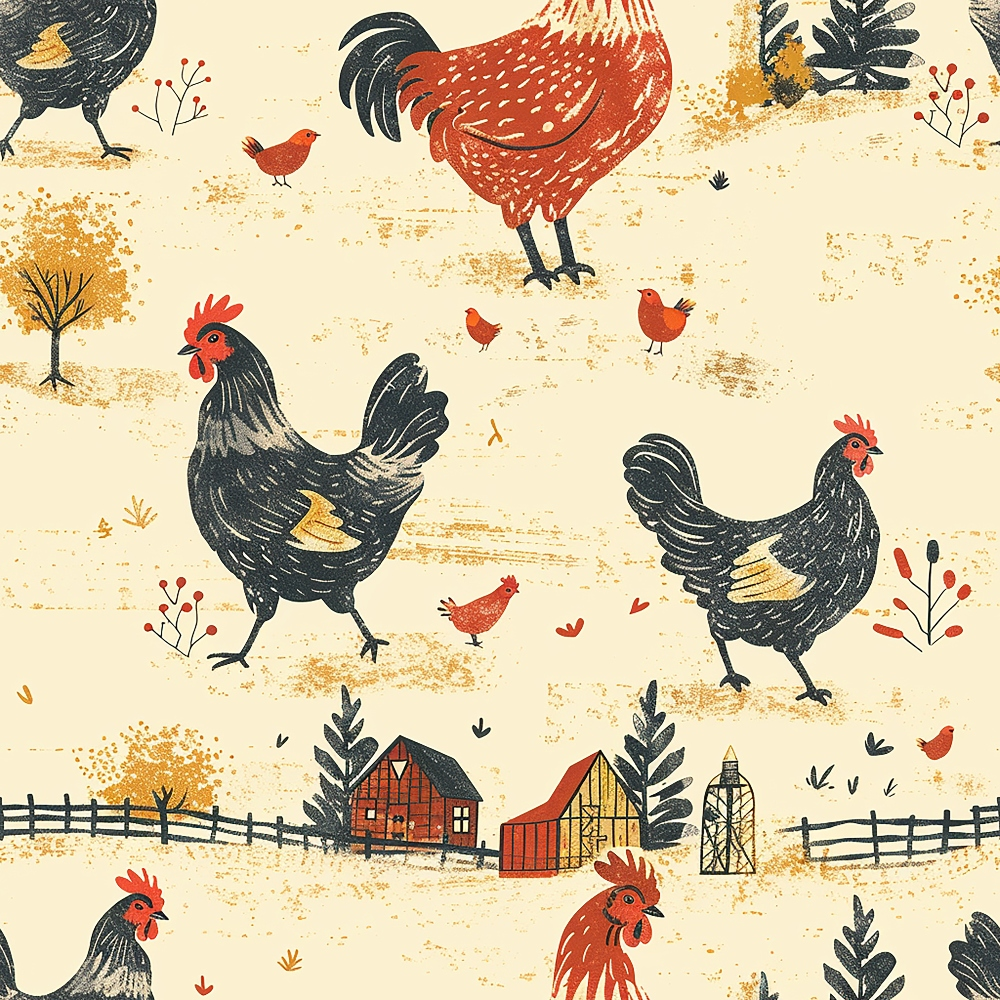 farmhouse chickens, roosters, hens, red roosters, black chickens, cream background, barn buildings, wooden fence, small birds, folk art style, country farm, rustic style,, fabric panel, repeating pattern, autumn colors, orange accents, farm animals, pastoral scene, vintage illustration