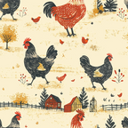 farmhouse chickens, roosters, hens, red roosters, black chickens, cream background, barn buildings, wooden fence, small birds, folk art style, country farm, rustic style,, fabric panel, repeating pattern, autumn colors, orange accents, farm animals, pastoral scene, vintage illustration