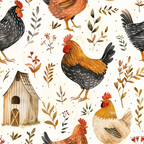 farmhouse chickens, roosters, hens, poultry, barn, coop, botanical leaves, floral sprigs, watercolor style, rustic charm, country living, orange, brown, black, cream, beige, red combs, feathers,, fabric panel, repeating pattern, pastoral scene, farm animals, autumn colors, earth tones