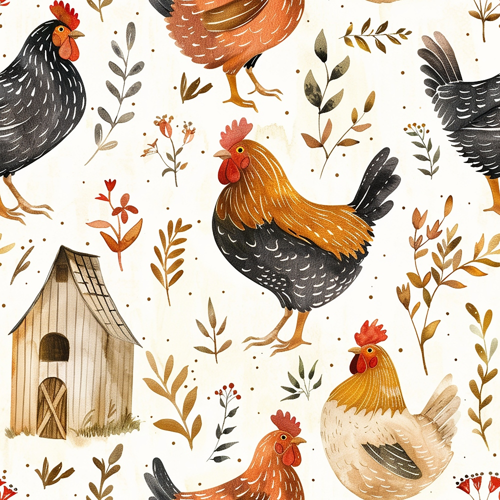 farmhouse chickens, roosters, hens, poultry, barn, coop, botanical leaves, floral sprigs, watercolor style, rustic charm, country living, orange, brown, black, cream, beige, red combs, feathers,, fabric panel, repeating pattern, pastoral scene, farm animals, autumn colors, earth tones