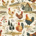 farmhouse chickens, roosters, hens, rural landscape, barn, wooden fence, wildflowers, rolling hills, cream background, rust orange, golden yellow, sage green, burgundy red, brown tones, country cottage, pastoral scene,, fabric panel, folk art style, farmyard animals