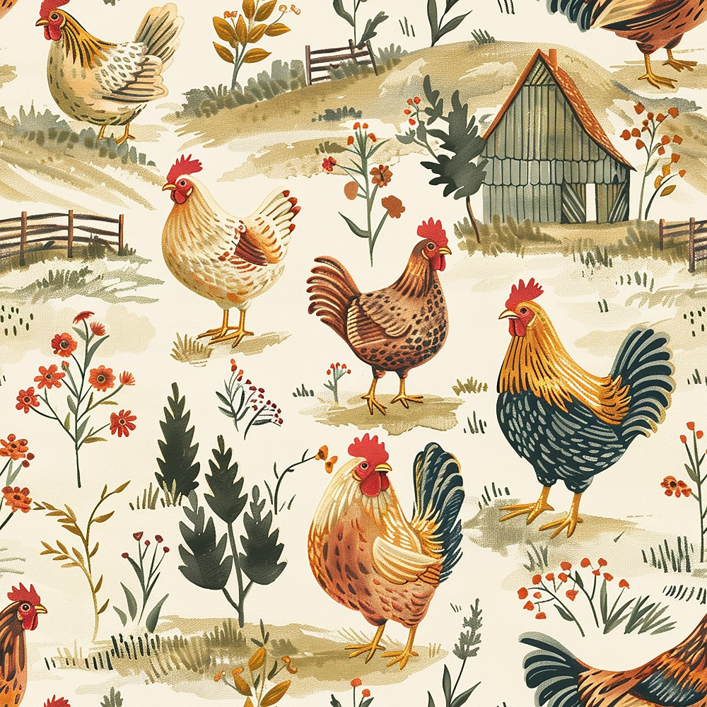 farmhouse chickens, roosters, hens, rural landscape, barn, wooden fence, wildflowers, rolling hills, cream background, rust orange, golden yellow, sage green, burgundy red, brown tones, country cottage, pastoral scene,, fabric panel, folk art style, farmyard animals