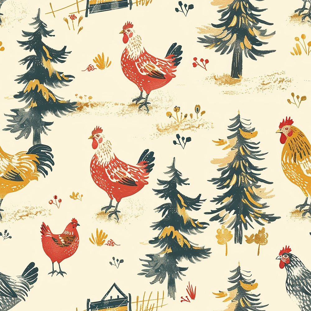 farmhouse chickens, roosters, hens, evergreen trees, pine trees, cream background, red chickens, golden yellow, forest green, small florals, rustic pattern, farm animals, country style,, fabric panel, woodland scene, vintage illustration, hand-drawn style, repeating pattern, poultry design
