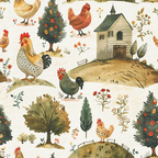 farmhouse chickens, roosters, hens, poultry, rustic barn, fruit trees, rolling hills, pastoral scene, country farm,, fabric panel, earthy tones, warm browns, sage green, burnt orange, cream background, folk art style, whimsical illustration, rural landscape, botanical elements