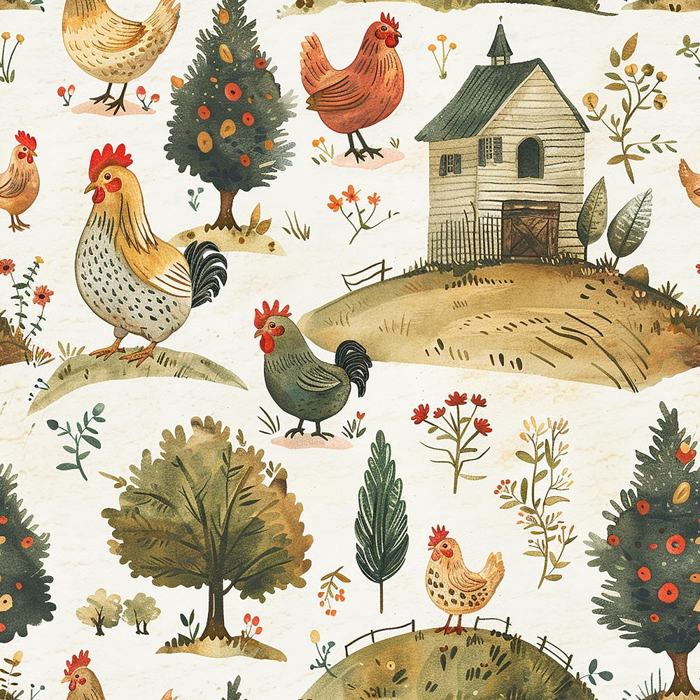 farmhouse chickens, roosters, hens, poultry, rustic barn, fruit trees, rolling hills, pastoral scene, country farm,, fabric panel, earthy tones, warm browns, sage green, burnt orange, cream background, folk art style, whimsical illustration, rural landscape, botanical elements