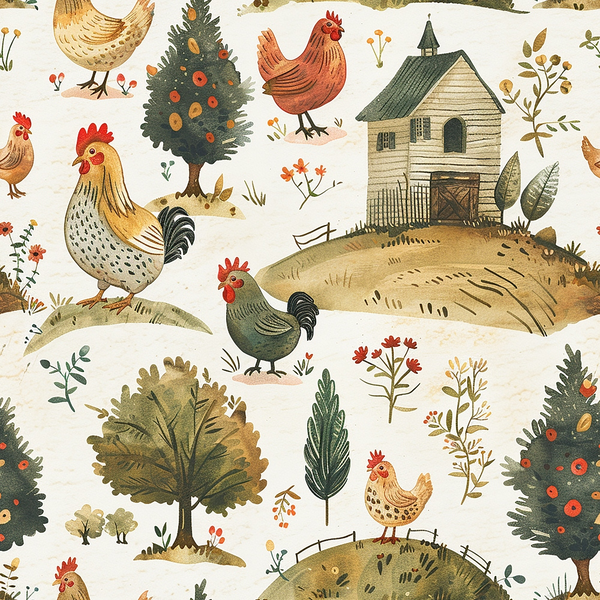 farmhouse chickens, roosters, hens, poultry, rustic barn, fruit trees, rolling hills, pastoral scene, country farm,, fabric panel, earthy tones, warm browns, sage green, burnt orange, cream background, folk art style, whimsical illustration, rural landscape, botanical elements