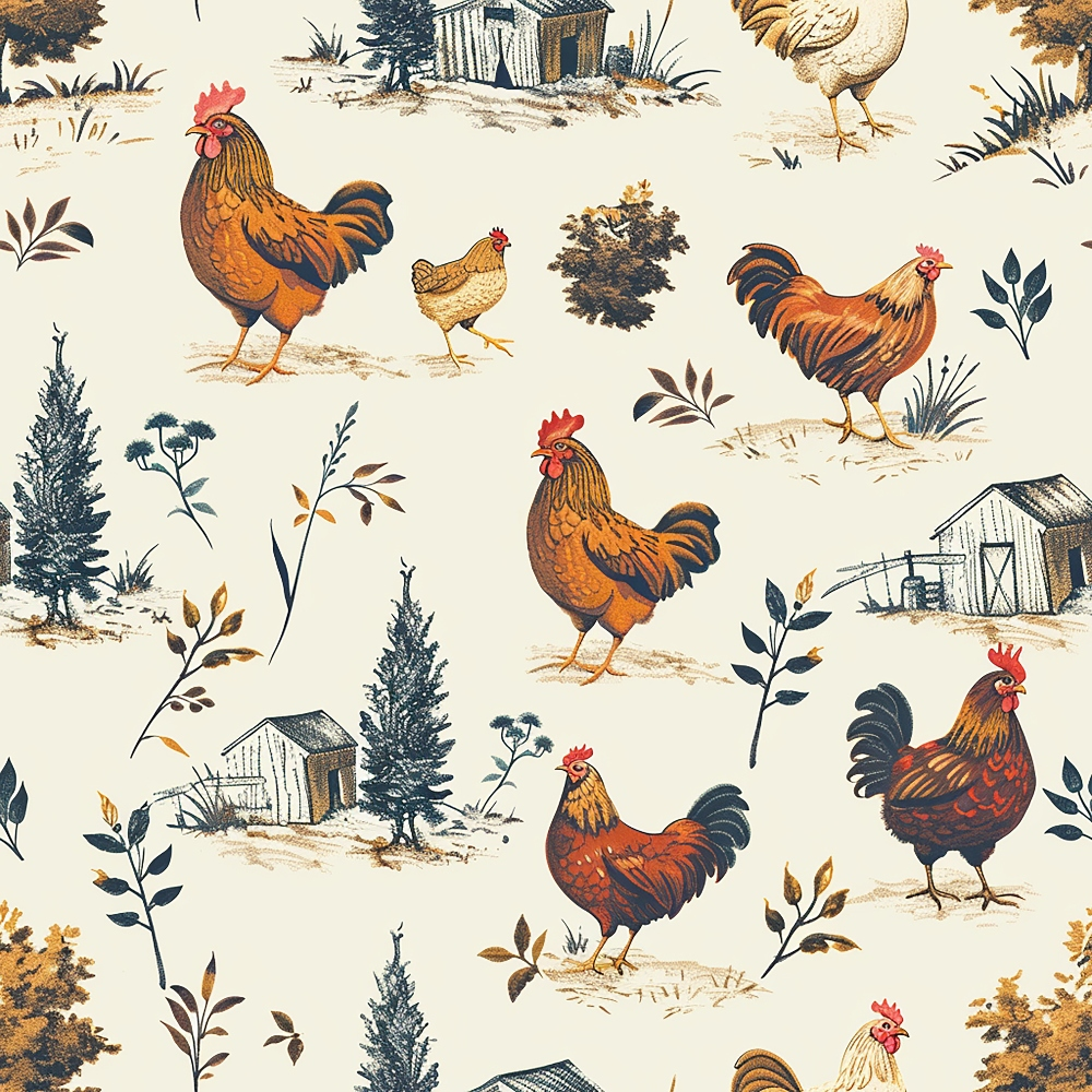 roosters, hens, chickens, farm animals, barn houses, cream background, orange feathers, red combs, brown plumage, botanical elements, trees, foliage, farmhouse theme, rural scene, repeating pattern,, fabric panel, country style, poultry motif, pastoral design