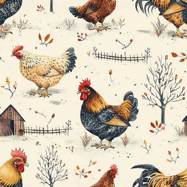 chickens, roosters, hens, farm animals, rustic, countryside, barnyard, autumn colors, orange, brown, cream, beige, red combs, feathers, wooden fence, barn, farmhouse style,, fabric panel, pastoral scene, country living, botanical elements, scattered pattern