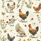 farmhouse chickens, roosters, hens, cream background, brown chickens, black chickens, white chickens, red combs, wildflowers, yellow flowers, red flowers, green stems, butterflies,, fabric panel, rustic pattern, farm animals, country style, botanical elements, scattered design
