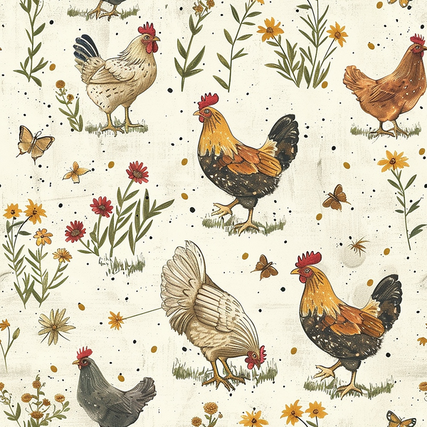 farmhouse chickens, roosters, hens, cream background, brown chickens, black chickens, white chickens, red combs, wildflowers, yellow flowers, red flowers, green stems, butterflies,, fabric panel, rustic pattern, farm animals, country style, botanical elements, scattered design
