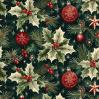 deep green, burgundy red, cream, gold accents, holly leaves, red berries, pine needles, christmas ornaments, snowflakes, star ornaments, festive pattern, winter motifs, holiday fabric,, repeating design, botanical elements, christmas decorations, seasonal fabric, rich colors, vintage style