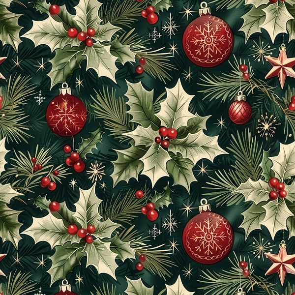 Festive Traditional Christmas pattern on deep green minky fabric with holly, red berries, pine needles, ornaments, snowflakes and stars
