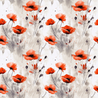 coral red, orange, watercolor poppies, floral pattern, botanical design, soft gray, charcoal accents, repeating motif, wildflowers, delicate stems, artistic blooms, nature inspired, spring flowers,, fabric panel, painterly style, feminine florals, meadow flowers, scattered petals
