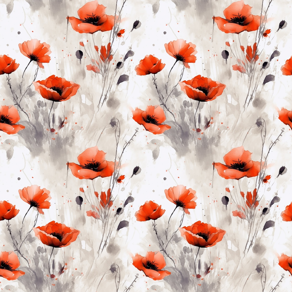 coral red, orange, watercolor poppies, floral pattern, botanical design, soft gray, charcoal accents, repeating motif, wildflowers, delicate stems, artistic blooms, nature inspired, spring flowers,, fabric panel, painterly style, feminine florals, meadow flowers, scattered petals