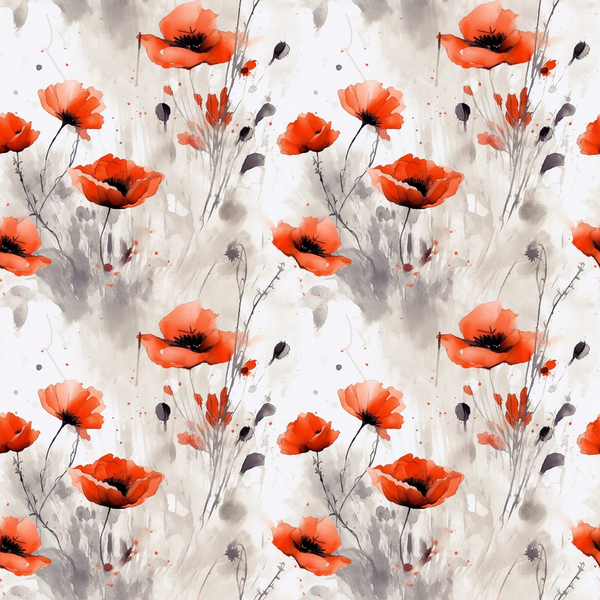 coral red, orange, watercolor poppies, floral pattern, botanical design, soft gray, charcoal accents, repeating motif, wildflowers, delicate stems, artistic blooms, nature inspired, spring flowers,, fabric panel, painterly style, feminine florals, meadow flowers, scattered petals