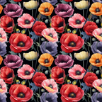 red poppies, pink poppies, orange poppies, purple poppies, yellow poppies, black background, floral pattern, botanical design, poppy flowers,, fabric panel, repeating pattern, colorful blooms, flower buds, stems and leaves, vibrant colors, nature motif, garden flowers, artistic florals, cotton fabric