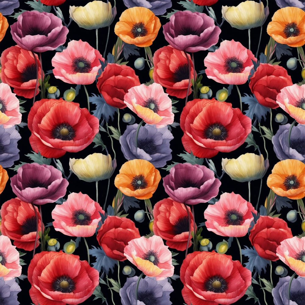 red poppies, pink poppies, orange poppies, purple poppies, yellow poppies, black background, floral pattern, botanical design, poppy flowers,, fabric panel, repeating pattern, colorful blooms, flower buds, stems and leaves, vibrant colors, nature motif, garden flowers, artistic florals, cotton fabric