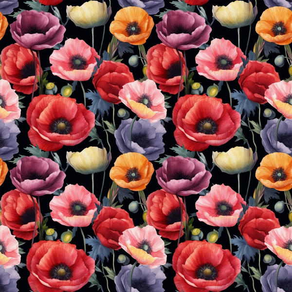red poppies, pink poppies, orange poppies, purple poppies, yellow poppies, black background, floral pattern, botanical design, poppy flowers,, fabric panel, repeating pattern, colorful blooms, flower buds, stems and leaves, vibrant colors, nature motif, garden flowers, artistic florals, cotton fabric