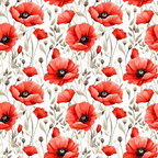 red poppies, coral flowers, botanical pattern, floral design, watercolor style, repeating motif,, fabric panel, white background, beige stems, black centers, seed pods, wildflowers, nature inspired, spring blooms, delicate petals, scattered arrangement, feminine florals, craft fabric, sewing material