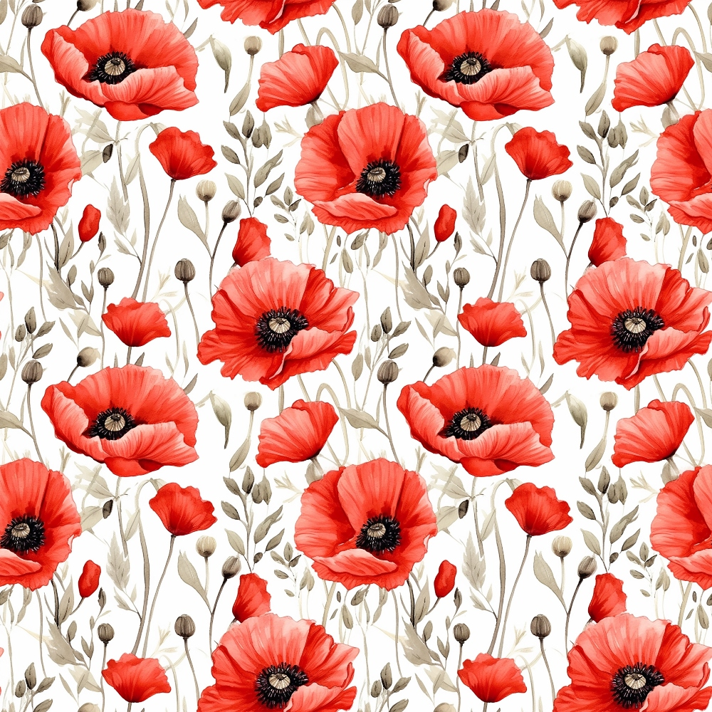 red poppies, coral flowers, botanical pattern, floral design, watercolor style, repeating motif,, fabric panel, white background, beige stems, black centers, seed pods, wildflowers, nature inspired, spring blooms, delicate petals, scattered arrangement, feminine florals, craft fabric, sewing material