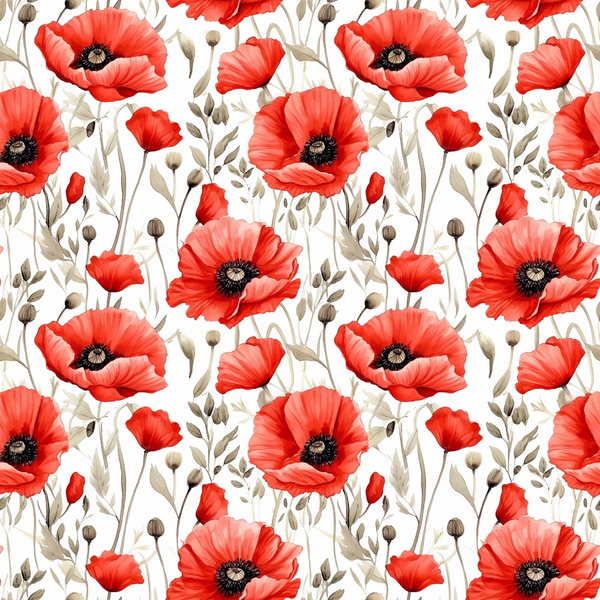 red poppies, coral flowers, botanical pattern, floral design, watercolor style, repeating motif,, fabric panel, white background, beige stems, black centers, seed pods, wildflowers, nature inspired, spring blooms, delicate petals, scattered arrangement, feminine florals, craft fabric, sewing material