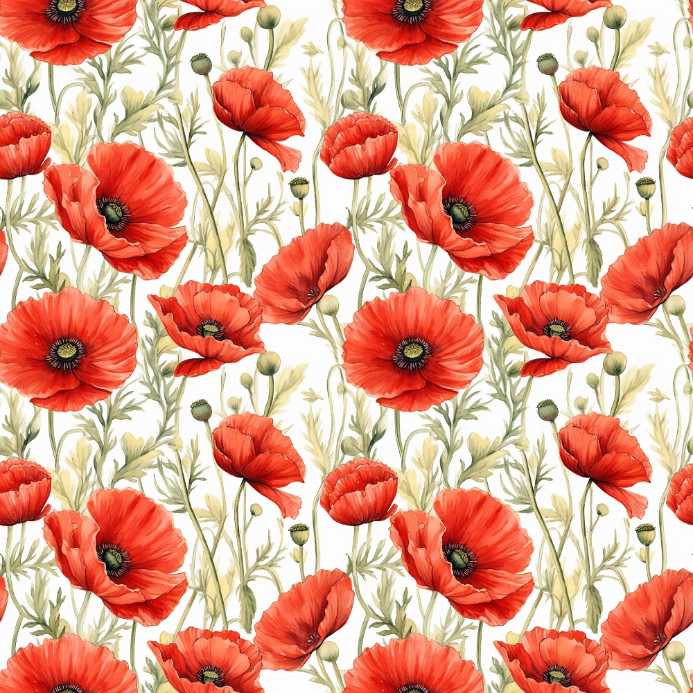 red poppies, coral flowers, botanical pattern, floral design, green stems, olive foliage, white background, seamless repeat, watercolor style,, fabric panel, wildflowers, garden blooms, nature motif, spring flowers, delicate petals, seed pods, meadow pattern, artistic florals, crafting fabric