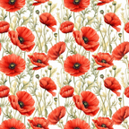 red poppies, coral flowers, botanical pattern, floral design, green stems, olive foliage, white background, seamless repeat, watercolor style,, fabric panel, wildflowers, garden blooms, nature motif, spring flowers, delicate petals, seed pods, meadow pattern, artistic florals, crafting fabric