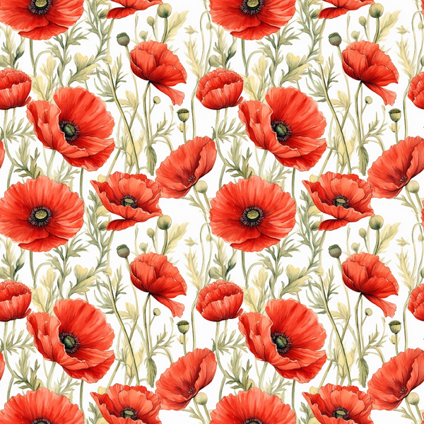 red poppies, coral flowers, botanical pattern, floral design, green stems, olive foliage, white background, seamless repeat, watercolor style,, fabric panel, wildflowers, garden blooms, nature motif, spring flowers, delicate petals, seed pods, meadow pattern, artistic florals, crafting fabric