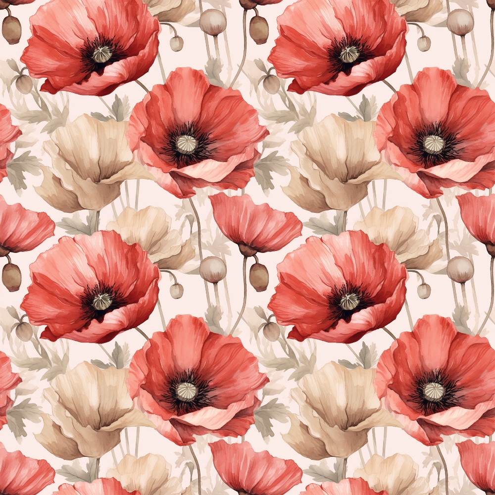 coral, salmon pink, beige, taupe, cream, poppies, floral pattern, botanical design, flower blooms, seed pods, watercolor style, realistic flowers, repeating pattern,, fabric panel, spring theme, garden motif, delicate petals, soft tones, nature inspired