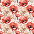 coral, salmon pink, beige, taupe, cream, poppies, floral pattern, botanical design, flower blooms, seed pods, watercolor style, realistic flowers, repeating pattern,, fabric panel, spring theme, garden motif, delicate petals, soft tones, nature inspired