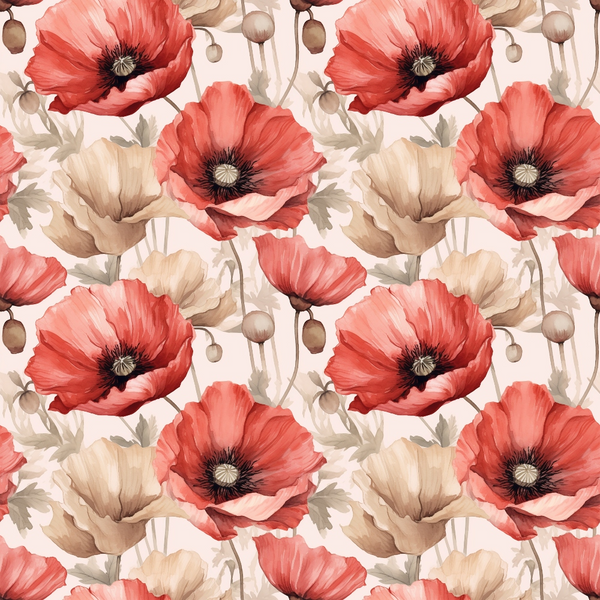 coral, salmon pink, beige, taupe, cream, poppies, floral pattern, botanical design, flower blooms, seed pods, watercolor style, realistic flowers, repeating pattern,, fabric panel, spring theme, garden motif, delicate petals, soft tones, nature inspired