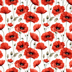 red poppies, floral pattern, botanical design, vibrant red, coral red, crimson flowers, green stems, brown buds, white background, repeating motif, watercolor style, garden flowers, spring blooms,, fabric panel, seamless pattern, nature inspired, delicate leaves, poppy field, artistic florals