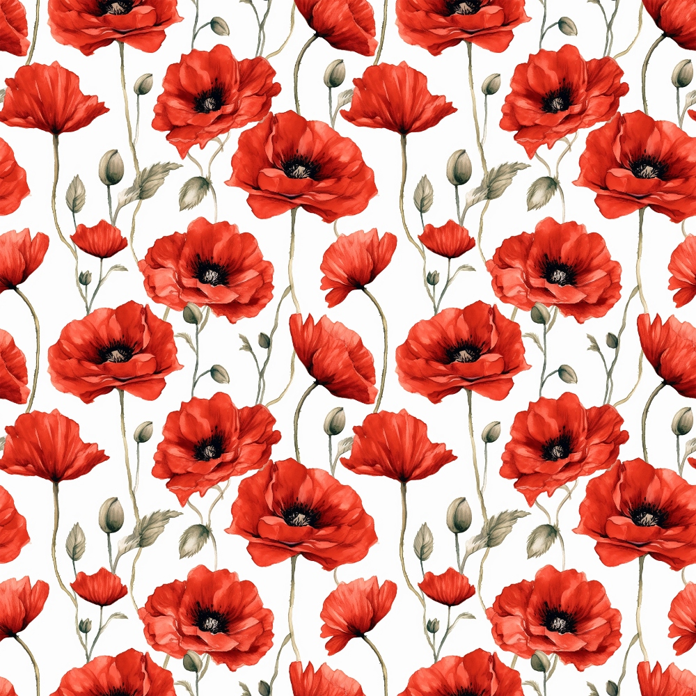 red poppies, floral pattern, botanical design, vibrant red, coral red, crimson flowers, green stems, brown buds, white background, repeating motif, watercolor style, garden flowers, spring blooms,, fabric panel, seamless pattern, nature inspired, delicate leaves, poppy field, artistic florals