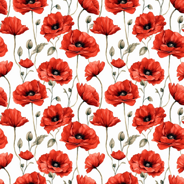red poppies, floral pattern, botanical design, vibrant red, coral red, crimson flowers, green stems, brown buds, white background, repeating motif, watercolor style, garden flowers, spring blooms,, fabric panel, seamless pattern, nature inspired, delicate leaves, poppy field, artistic florals