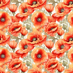 Seamless pattern of vibrant orange poppies with green leaves on a light background.