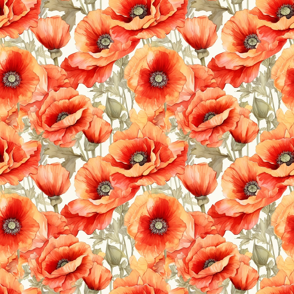 Seamless pattern of vibrant orange poppies with green leaves on a light background.