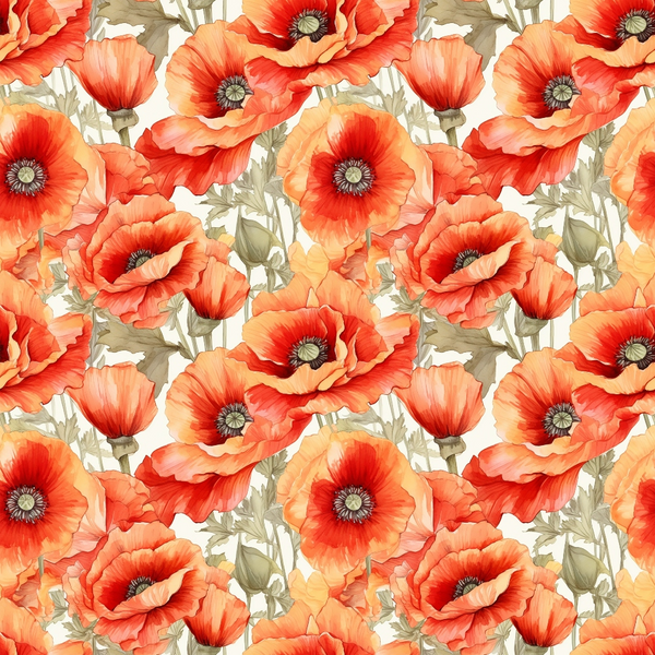 Seamless pattern of vibrant orange poppies with green leaves on a light background.