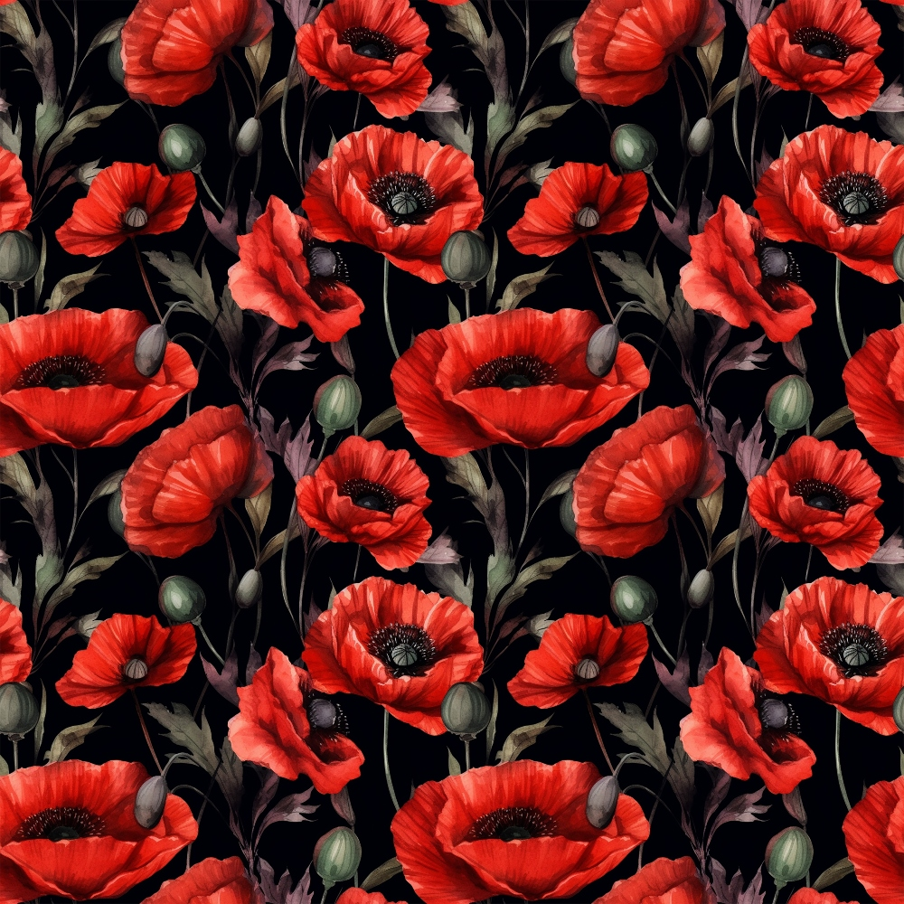 red poppies, black background, floral pattern, botanical design, flower buds, green stems, coral red, crimson, dark centers, repeating motif,, fabric panel, dramatic contrast, realistic flowers, garden flowers, moody floral, scarlet blooms, poppy field, textile design, cotton fabric