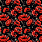 red poppies, black background, floral pattern, botanical design, flower buds, green stems, coral red, crimson, dark centers, repeating motif,, fabric panel, dramatic contrast, realistic flowers, garden flowers, moody floral, scarlet blooms, poppy field, textile design, cotton fabric