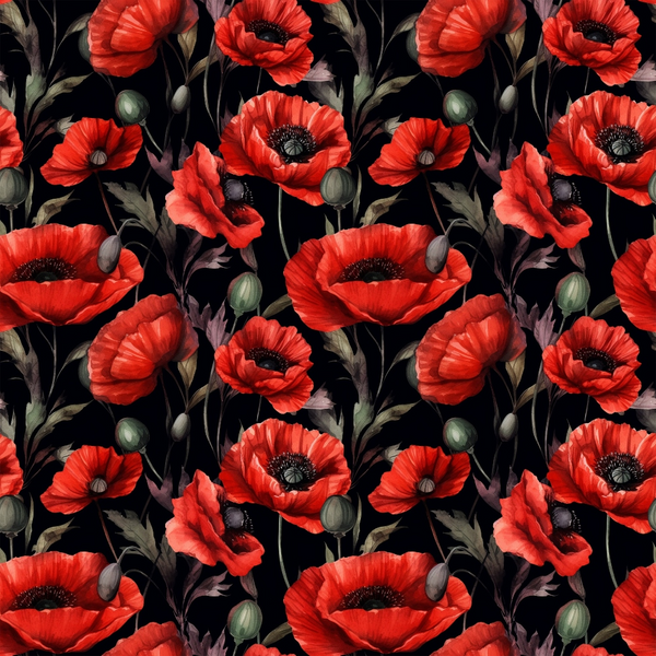 red poppies, black background, floral pattern, botanical design, flower buds, green stems, coral red, crimson, dark centers, repeating motif,, fabric panel, dramatic contrast, realistic flowers, garden flowers, moody floral, scarlet blooms, poppy field, textile design, cotton fabric