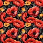 red poppies, orange flowers, black background, floral pattern, botanical design,, fabric panel, repeating motif, vibrant colors, coral blooms, flower buds, green foliage, dramatic contrast, realistic florals, nature theme, crafting material, sewing fabric, poppy field, textile design, seamless pattern