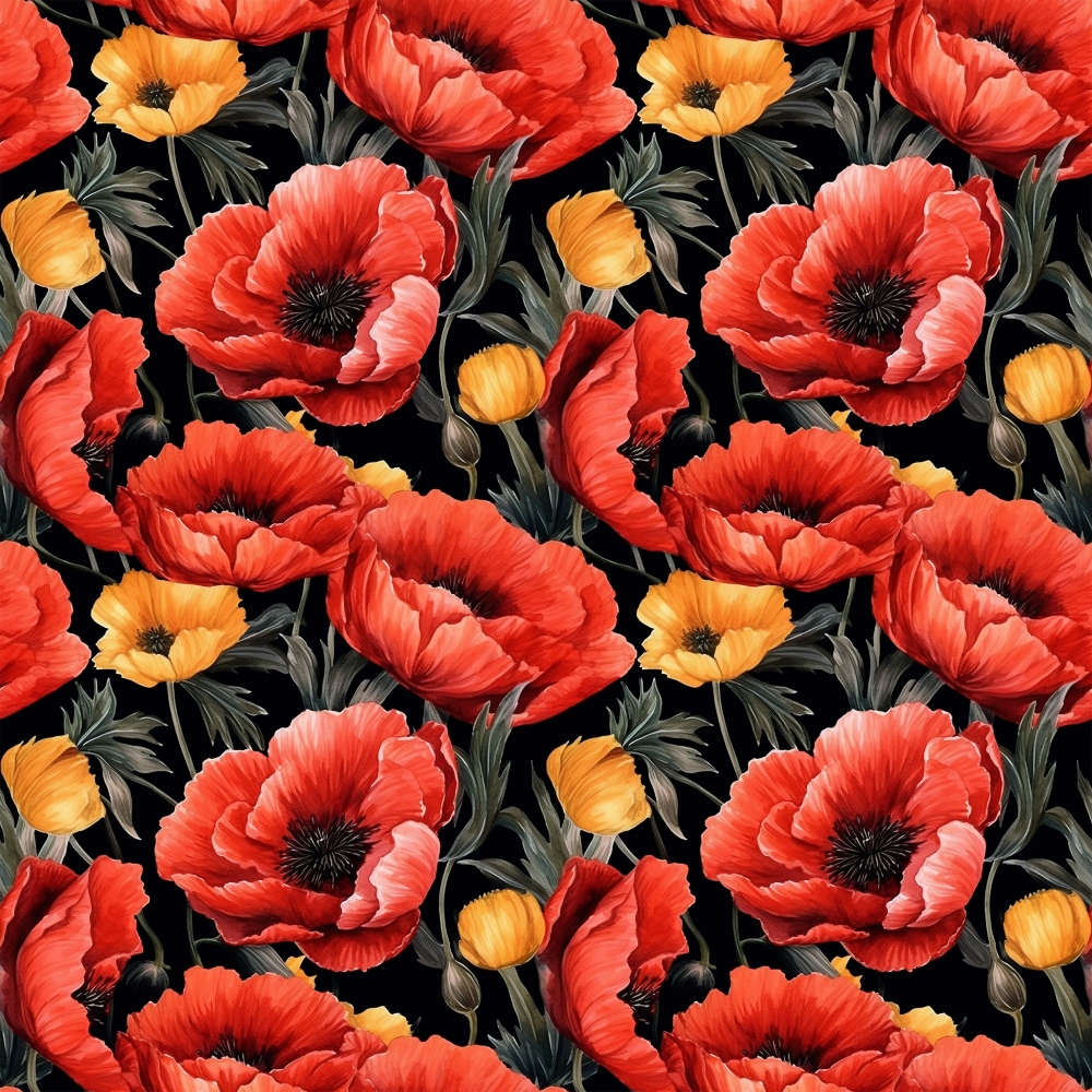 red poppies, orange flowers, black background, floral pattern, botanical design,, fabric panel, repeating motif, vibrant colors, coral blooms, flower buds, green foliage, dramatic contrast, realistic florals, nature theme, crafting material, sewing fabric, poppy field, textile design, seamless pattern