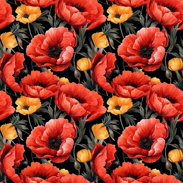 red poppies, orange flowers, black background, floral pattern, botanical design,, fabric panel, repeating motif, vibrant colors, coral blooms, flower buds, green foliage, dramatic contrast, realistic florals, nature theme, crafting material, sewing fabric, poppy field, textile design, seamless pattern