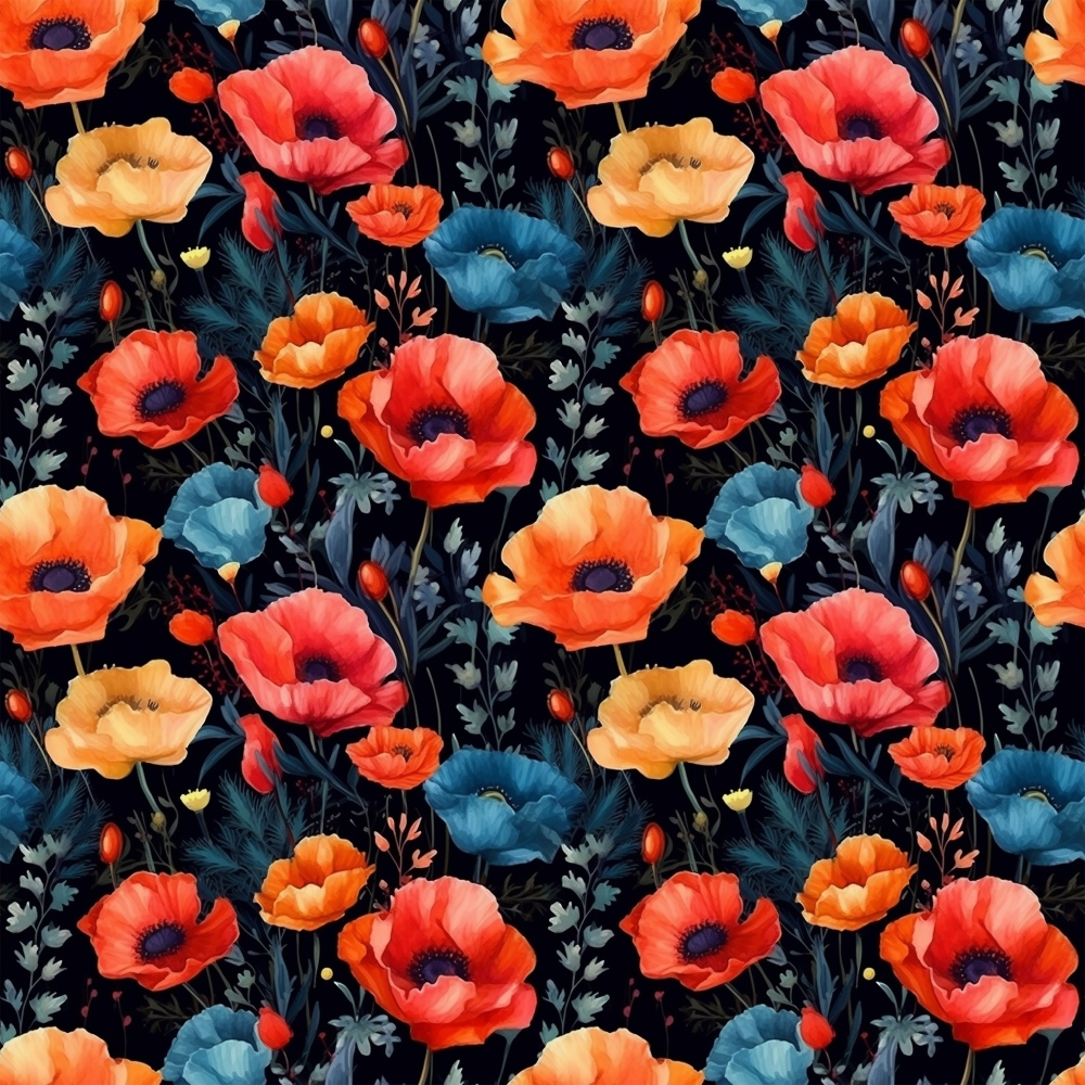 coral poppies, orange flowers, blue poppies, navy background, floral pattern, botanical design, watercolor style,, fabric panel, poppy field, red blooms, peach flowers, dark foliage, repeating motif, artistic florals, nature inspired, vibrant colors, seamless pattern, flower heads, garden theme